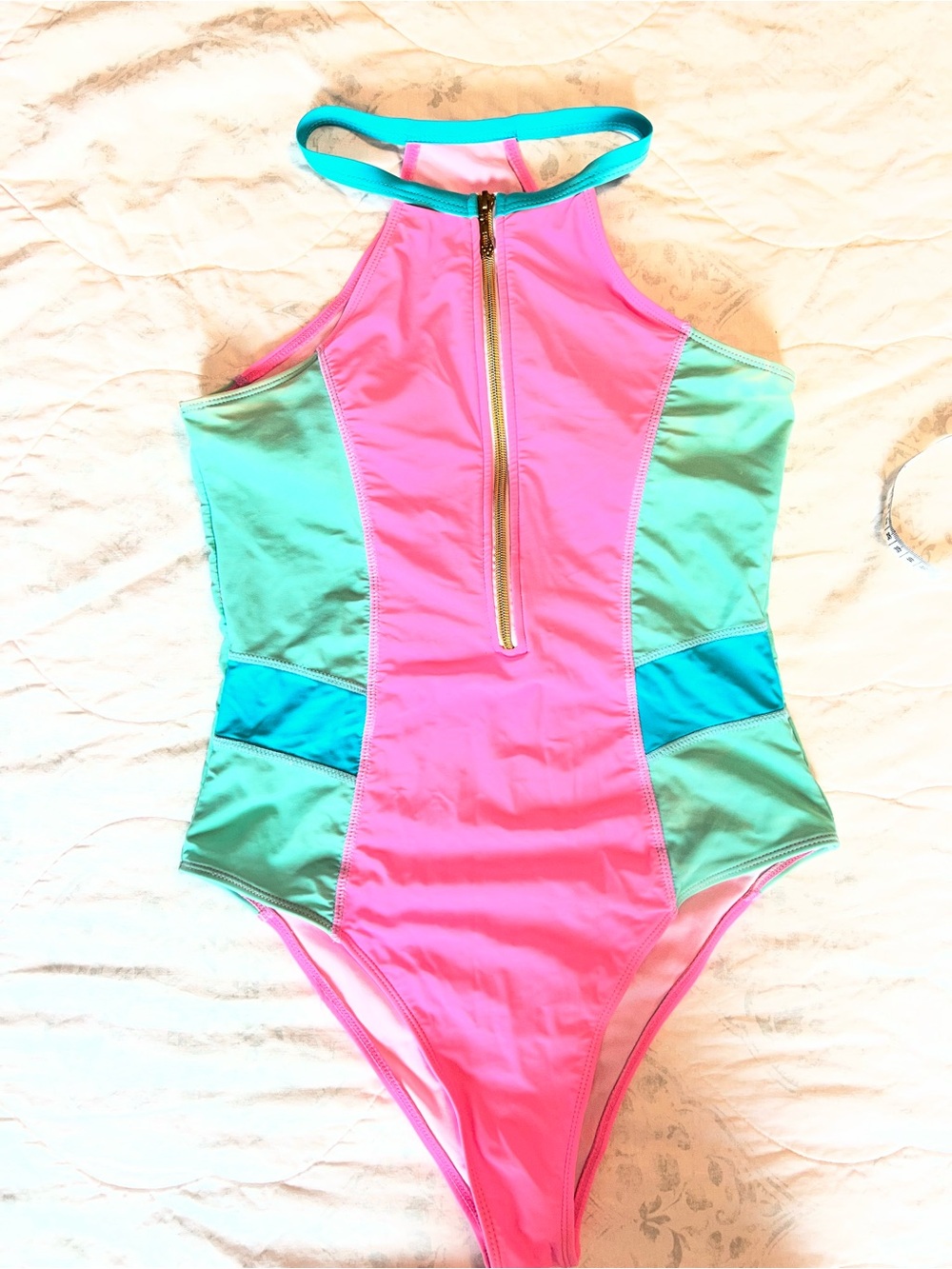 Women’s Pink & Mint Colorblock High-Neck One-Piece Swimsuit with Front Zip